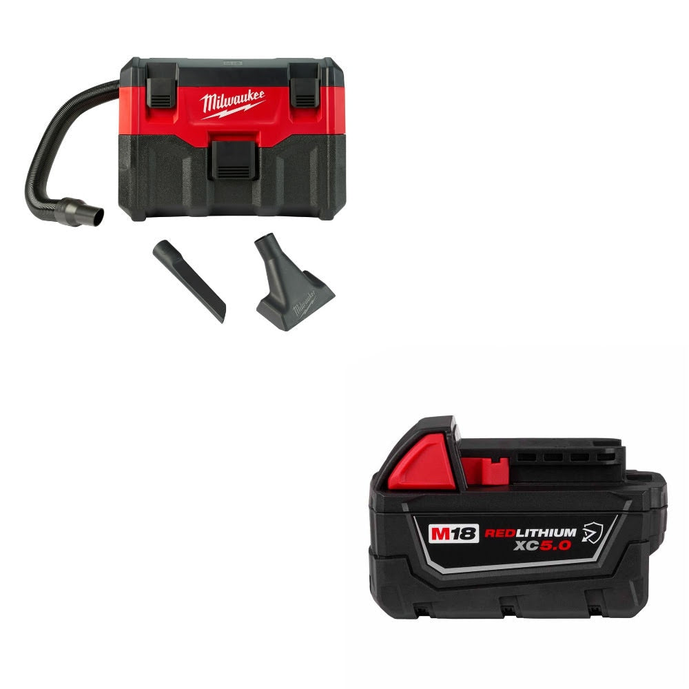 Milwaukee 0880-20 18V Wet/Dry Vacuum, Bare W/ 48-11-1850R M18 XC5.0 Battery