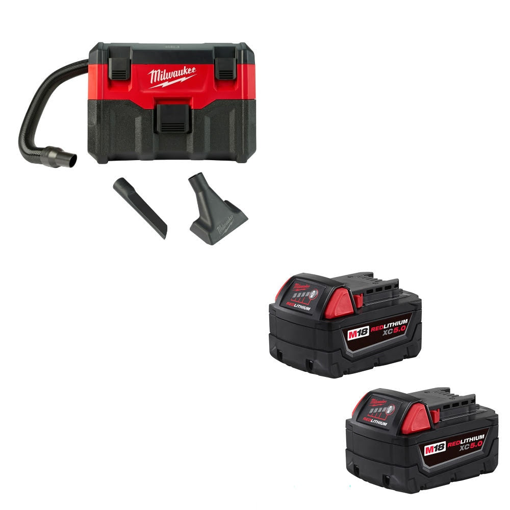 Milwaukee 0880-20 18V Wet/Dry Vacuum W/ 48-11-1852 M18 XC5.0 Battery, 2 Pack