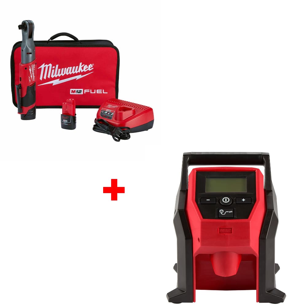Milwaukee 2558-22 M12 FUEL 1/2" Ratchet Kit w/ FREE 2475-20 M12 Compact Inflator