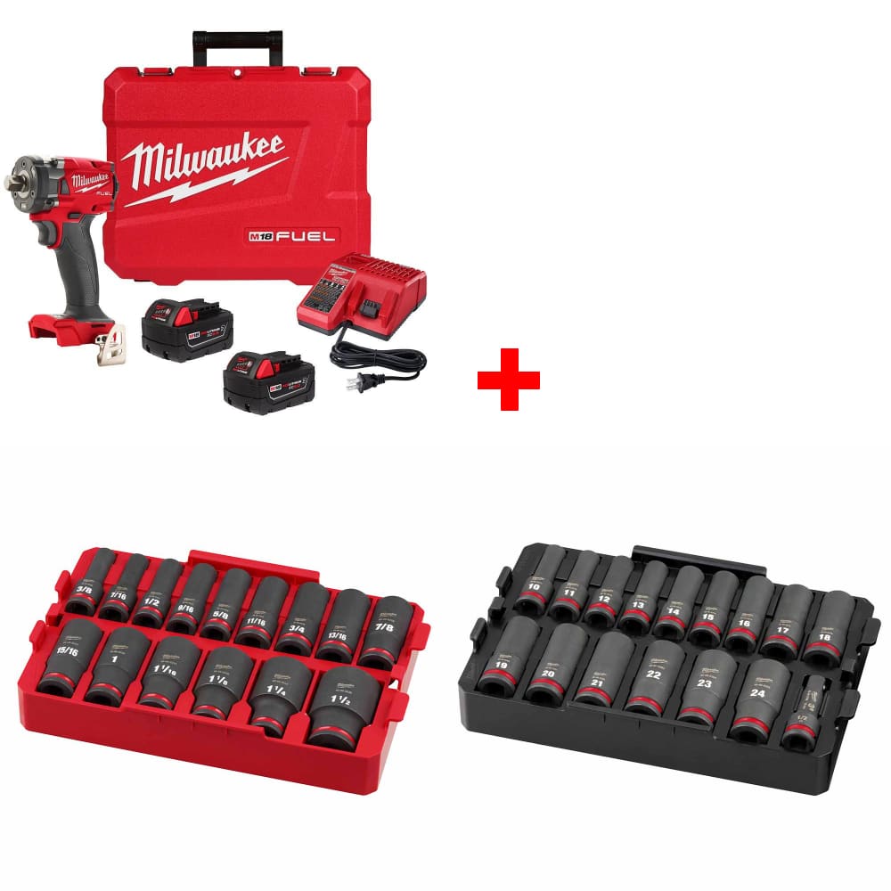 Milwaukee 2855P-22R M18 Impact Wrench Kit w/ FREE 15Pc/16Pc Socket Trays