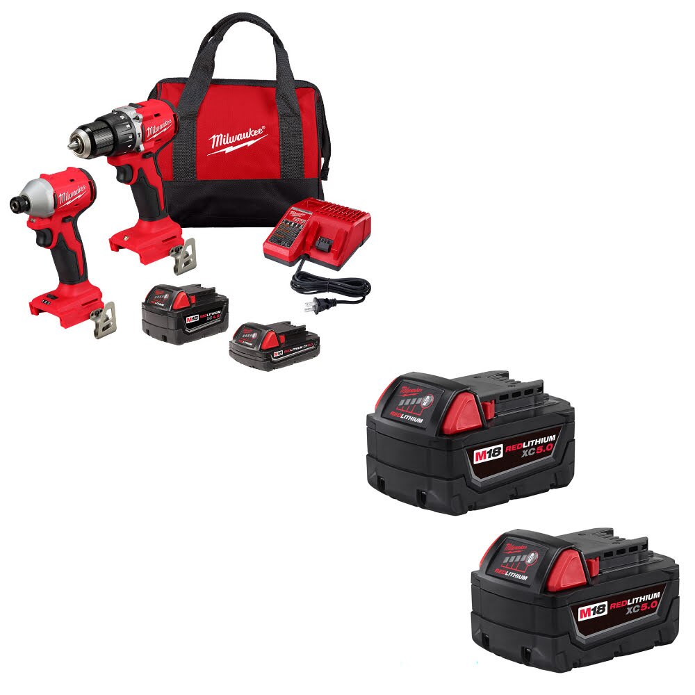 Milwaukee 3693-22CX M18 2-Tool Combo Kit W/ 48-11-1852 M18 XC5.0 Battery, 2 Pack