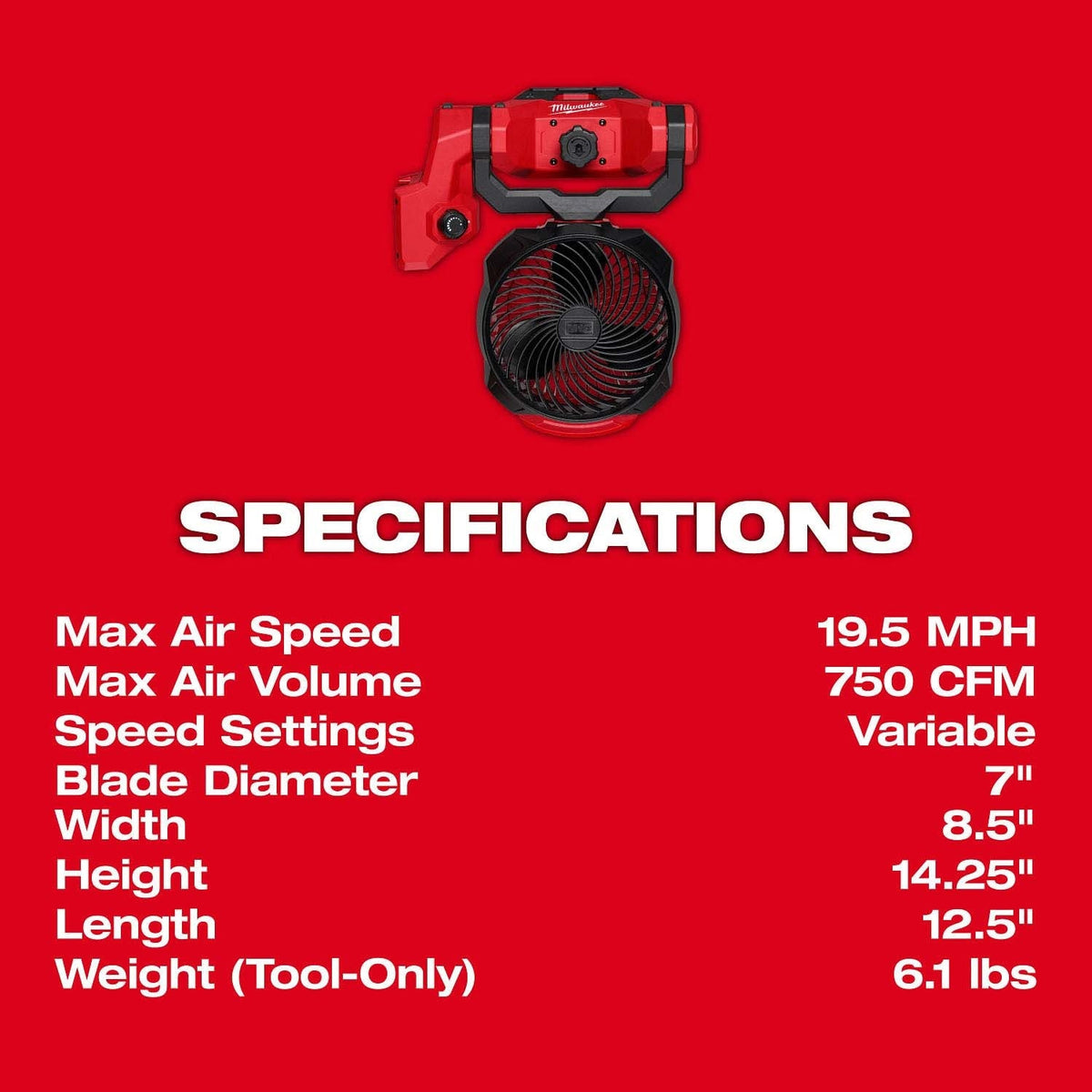 Milwaukee 0817-20 M18 Brushless 7" Scissor Lift Fan with Quick Adjust Clamp - 5