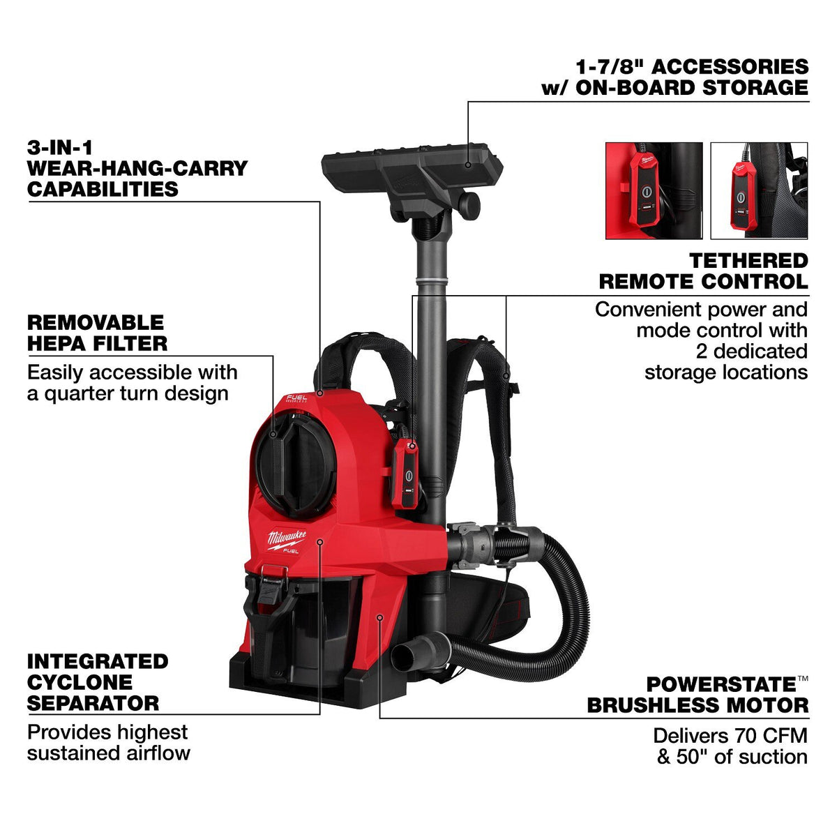 Milwaukee 0895-20 M18 FUEL 3-in-1 Backpack Vacuum with HEPA Filter and Accessories - 4