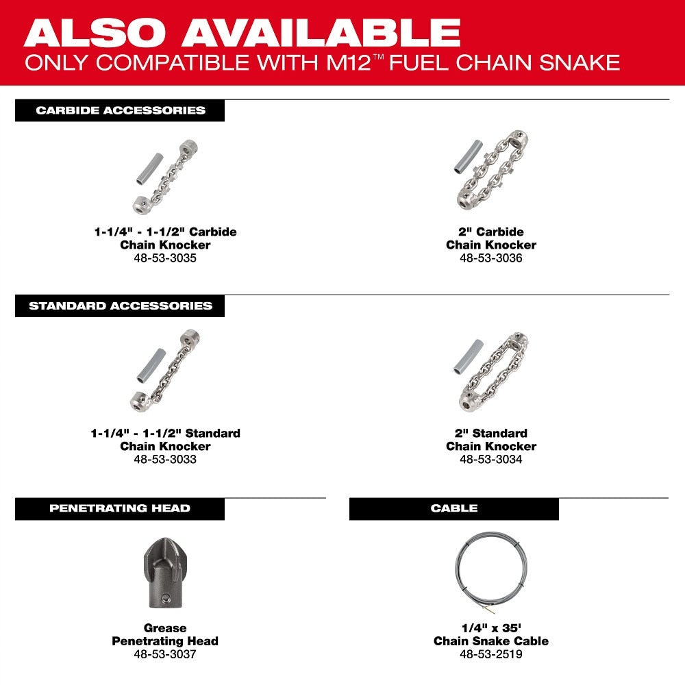Milwaukee 2519-21 M12 FUEL High Speed Chain Snake for 1-1/4”-2” Pipes - 10