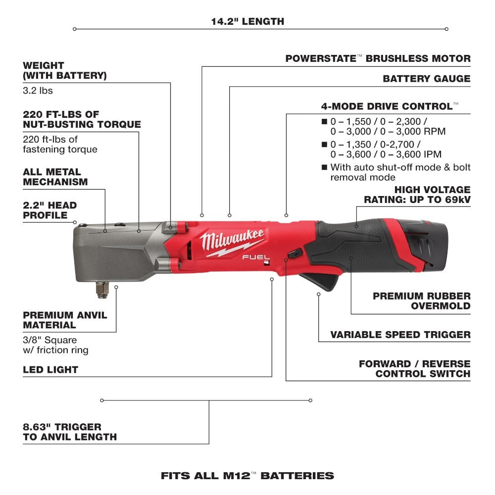 Milwaukee 2564-22 M12 FUEL 3/8" Right Angle Impact Wrench Kit - 8
