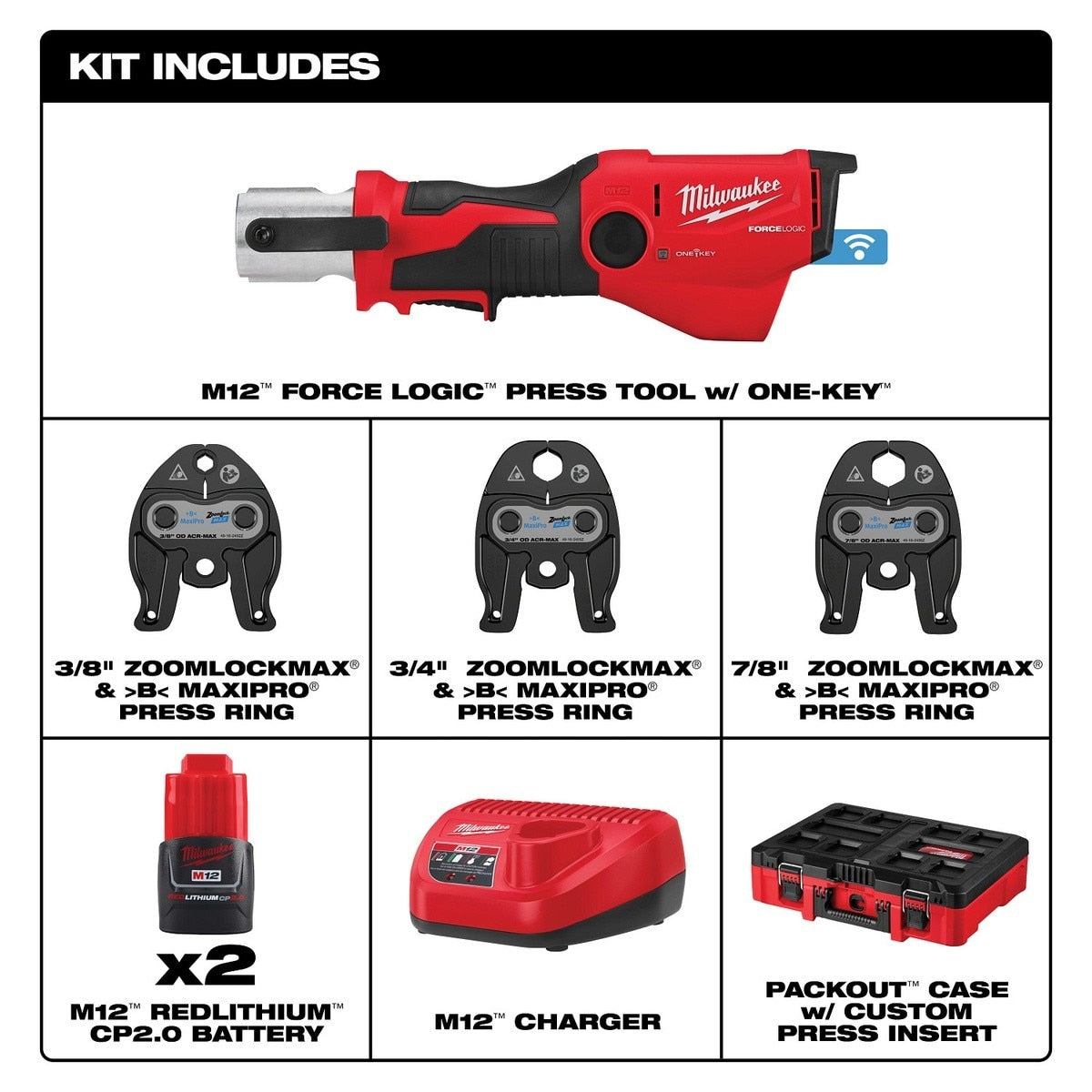 Milwaukee 2573-22Z M12 FORCE LOGIC Press Tool Kit with ONE KEY and 3/8", 3/4", 7/8" Press Jaws (Kit) - 2