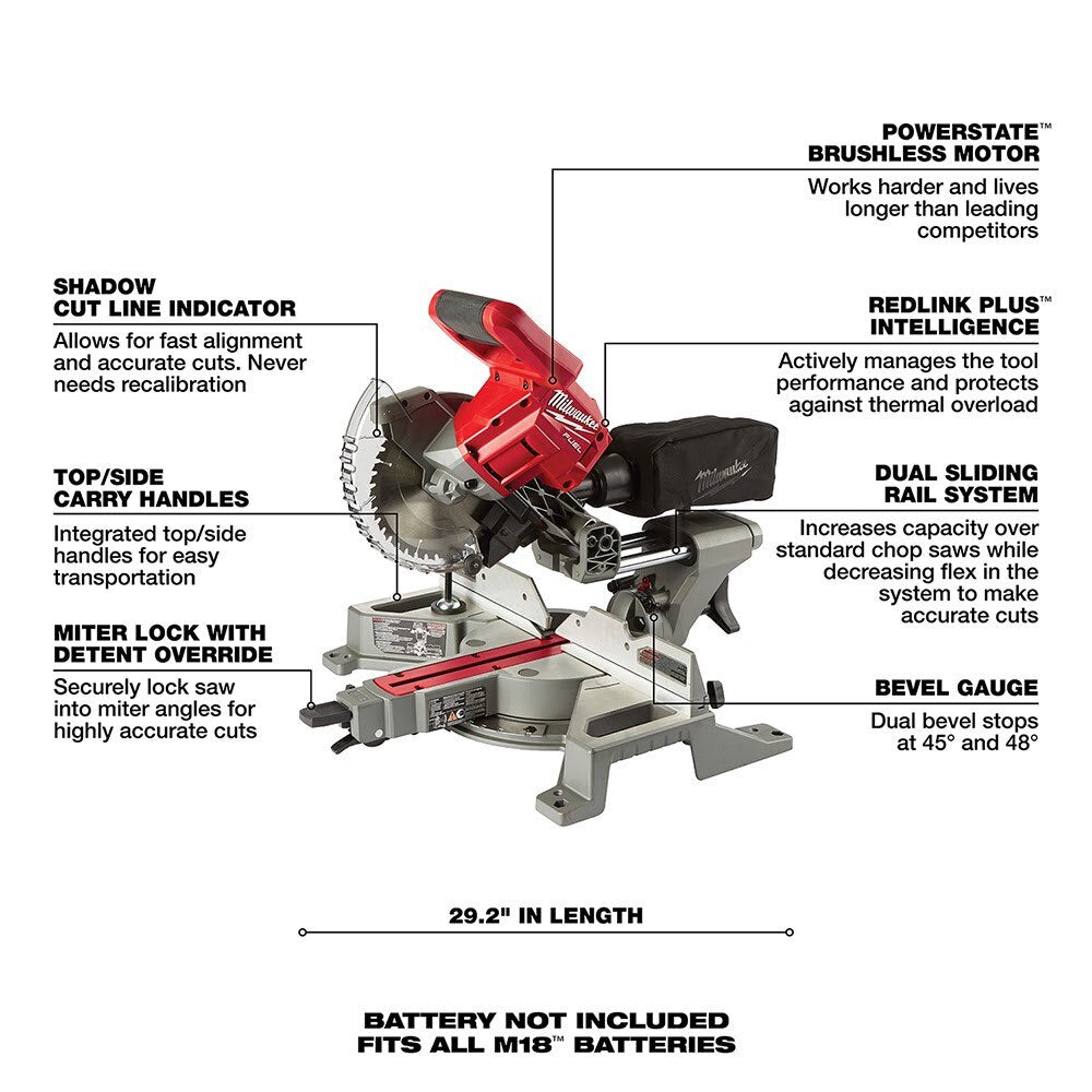 Milwaukee 2733-20 M18 FUEL 7-1/4" Dual Bevel Sliding Compound Miter Saw Bare Tool - 6