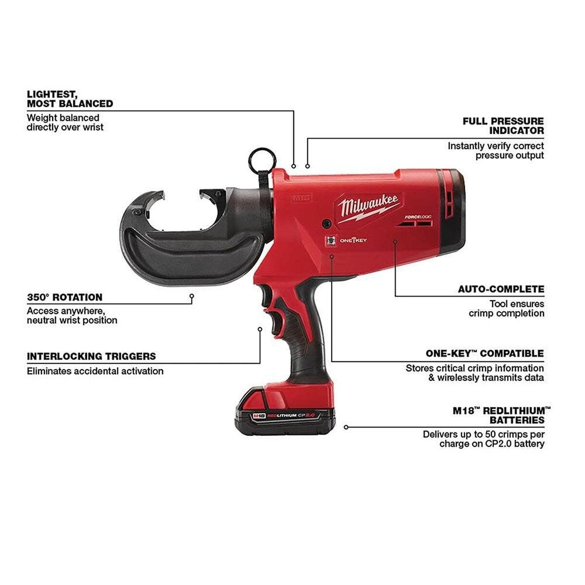 Milwaukee 2779-82 11" M18 FORCE LOGIC 750 MCM Crimper Kit with Batteries Charger Case (2 Batteries) - 3