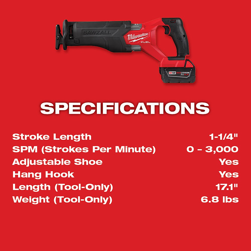 Milwaukee 2821-21 M18 FUEL™ SAWZALL® Recip Saw - 1 Battery XC5.0 Kit - 15