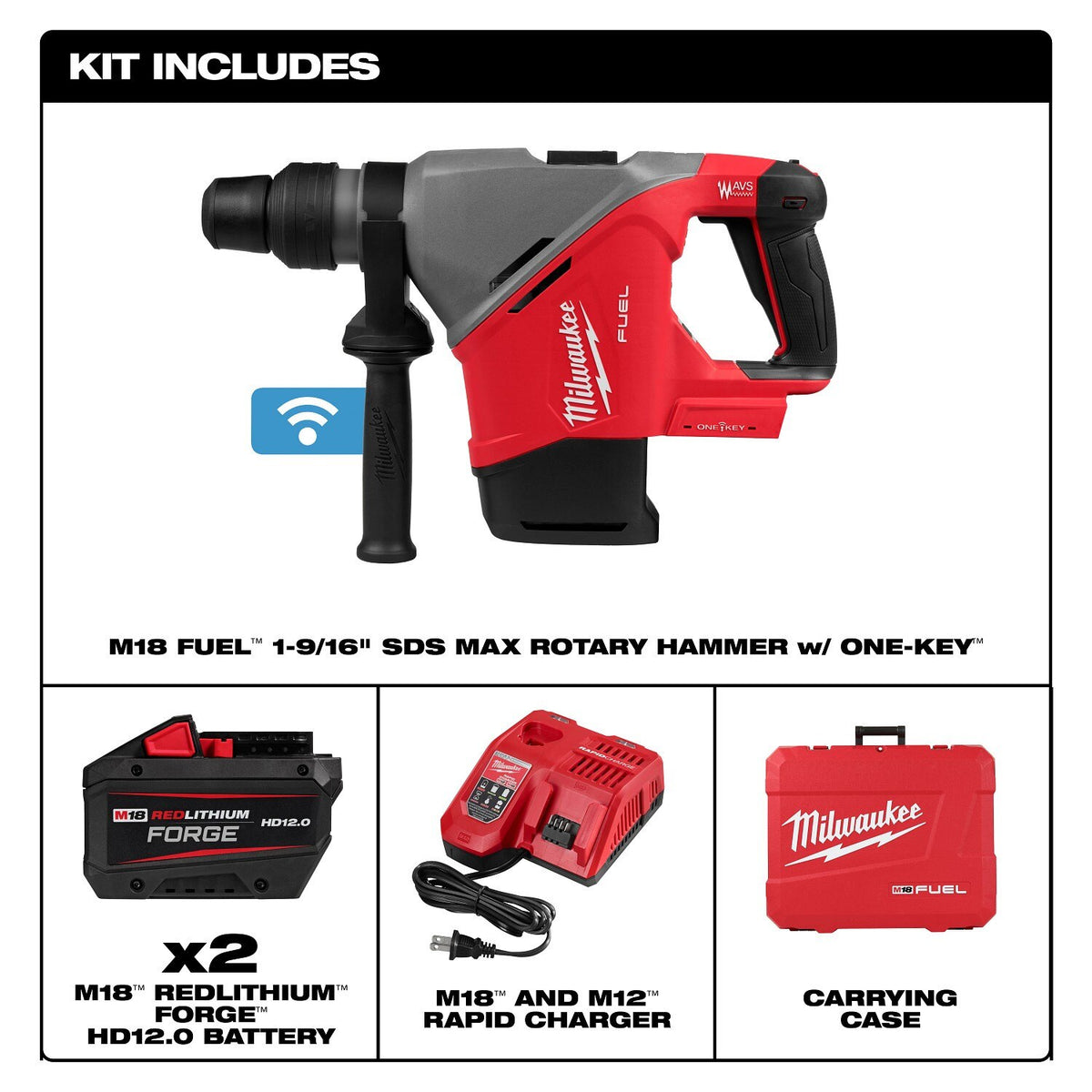 Milwaukee 2917-22HD M18 FUEL 1-9/16" SDS Max Rotary Hammer Kit with ONE KEY (2 Batteries, Charger) - 3