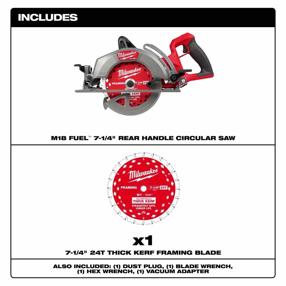 Milwaukee 2930-20 M18 FUEL 7-1/4" Rear Handle Circular Saw – Cordless, 2-5/8" Cut Capacity - 3
