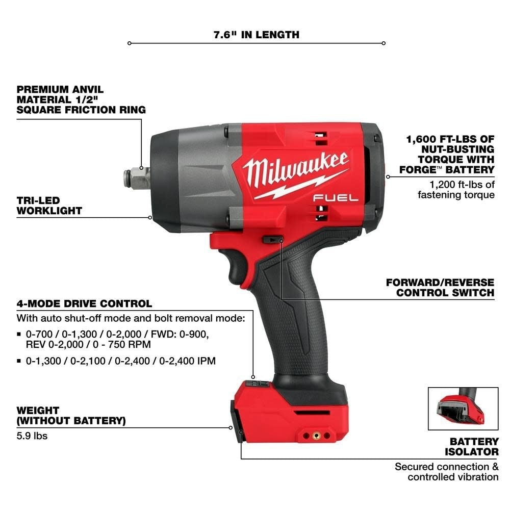 Milwaukee 2967-80 M18 FUEL 1/2" High Torque Impact Wrench with Friction Ring (Reconditioned) - 2