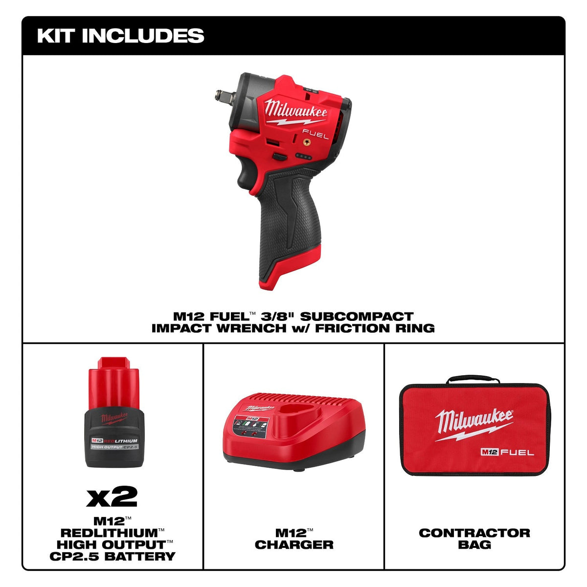 Milwaukee 3049-22 M12 FUEL 3/8" Subcompact Impact Wrench Kit with Friction Ring - 3
