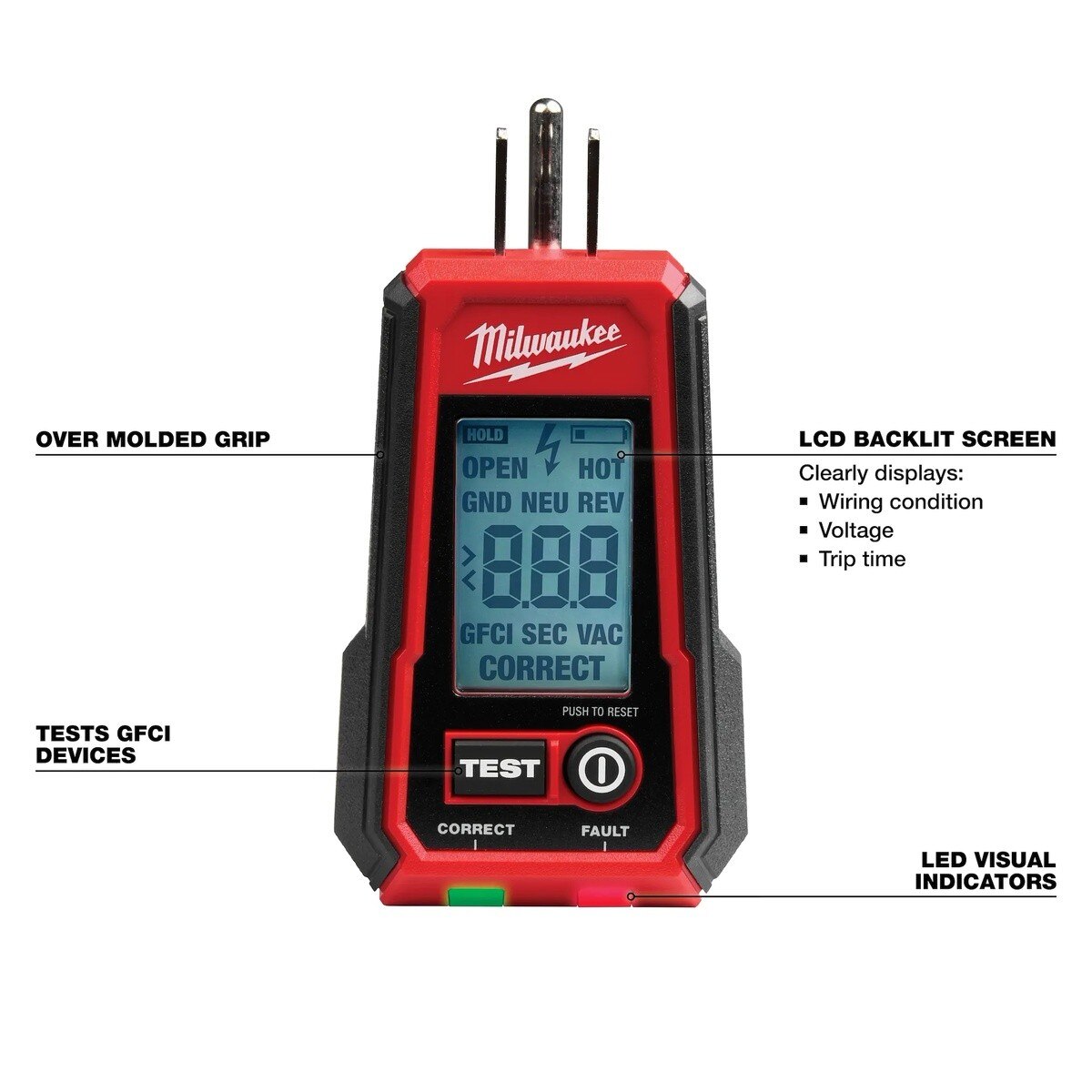 Milwaukee 3211-20 Digital GFCI Receptacle Tester and Voltage Detector with LED - 2