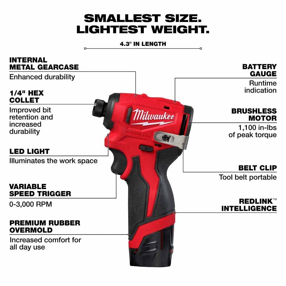 Milwaukee 3450-22 M12 Subcompact Brushless 1/4" Hex Impact Driver Kit - 2
