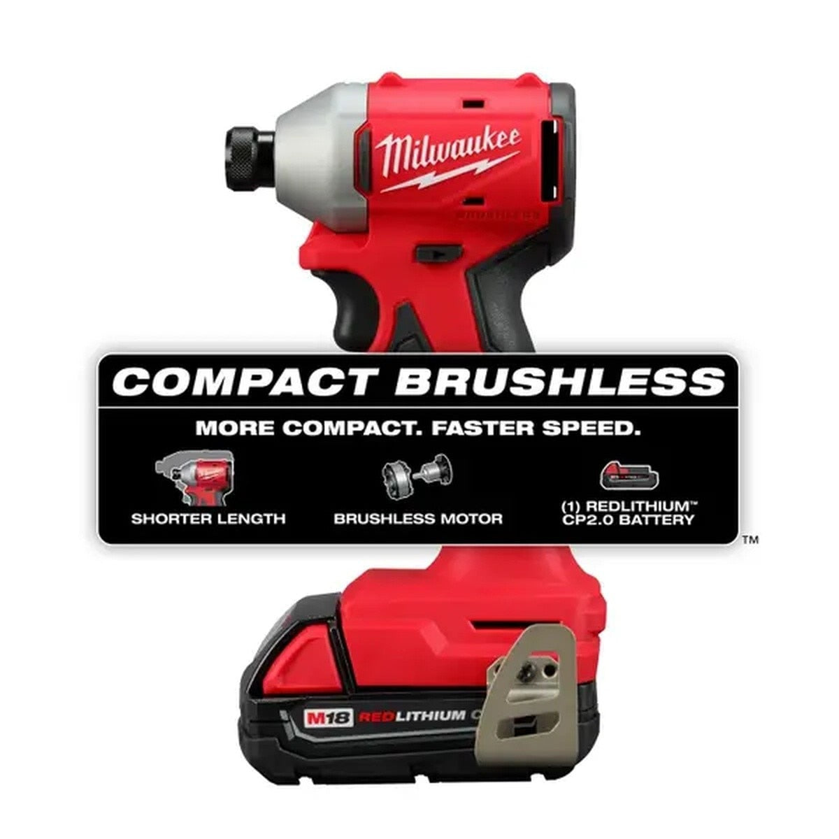 Milwaukee 3650-21CT M18 18V Compact Brushless 1/4" Hex Impact Driver Kit 4.4" L x 2.1" W (1 2.0Ah Battery, 1 Charger, 1 Contractor Bag) - 2