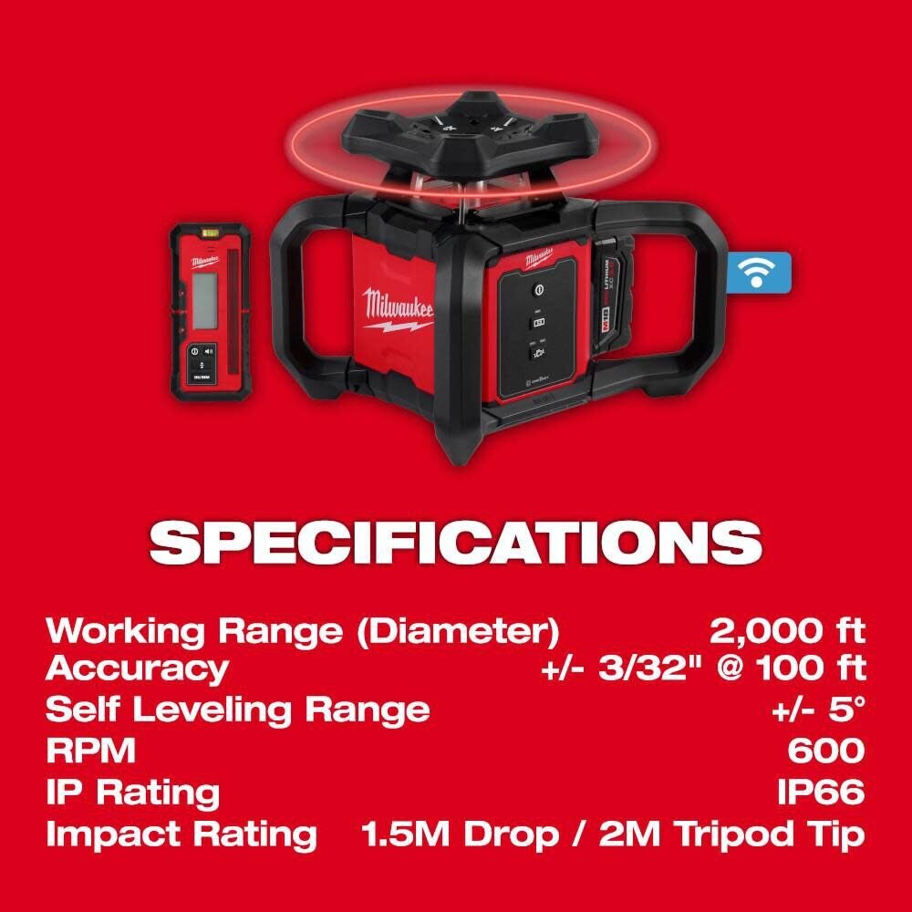 Milwaukee 3701-21T M18 Red Exterior Rotary Laser Level Kit w/ Receiver, Tripod, & Grade Rod - 6