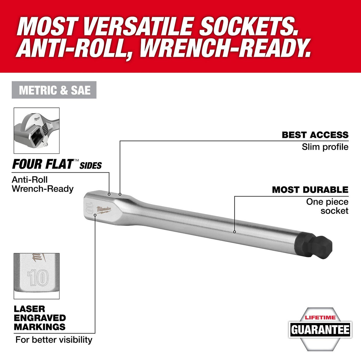 Milwaukee 45-34-1095 3/8" Drive 5/16" Long Ball End Hex Bit Socket with FOUR FLAT Sides, 6 in. Reach - 2