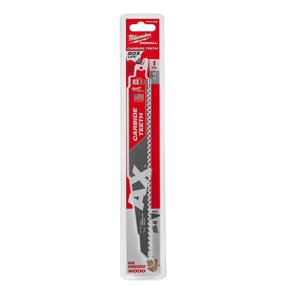Milwaukee 48-00-5226 AX Sawzall Blade With Carbide Teeth, 9" 5T - 10