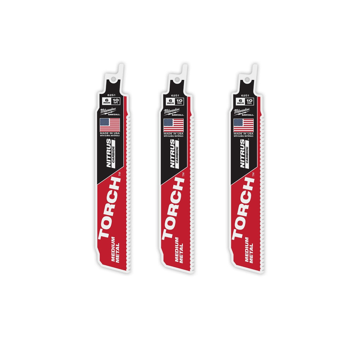 Milwaukee 48-00-6351 6" Reciprocating Saw Blade 10TPI The TORCH with NITRUS CARBIDE Teeth for Medium Metal 3PK
