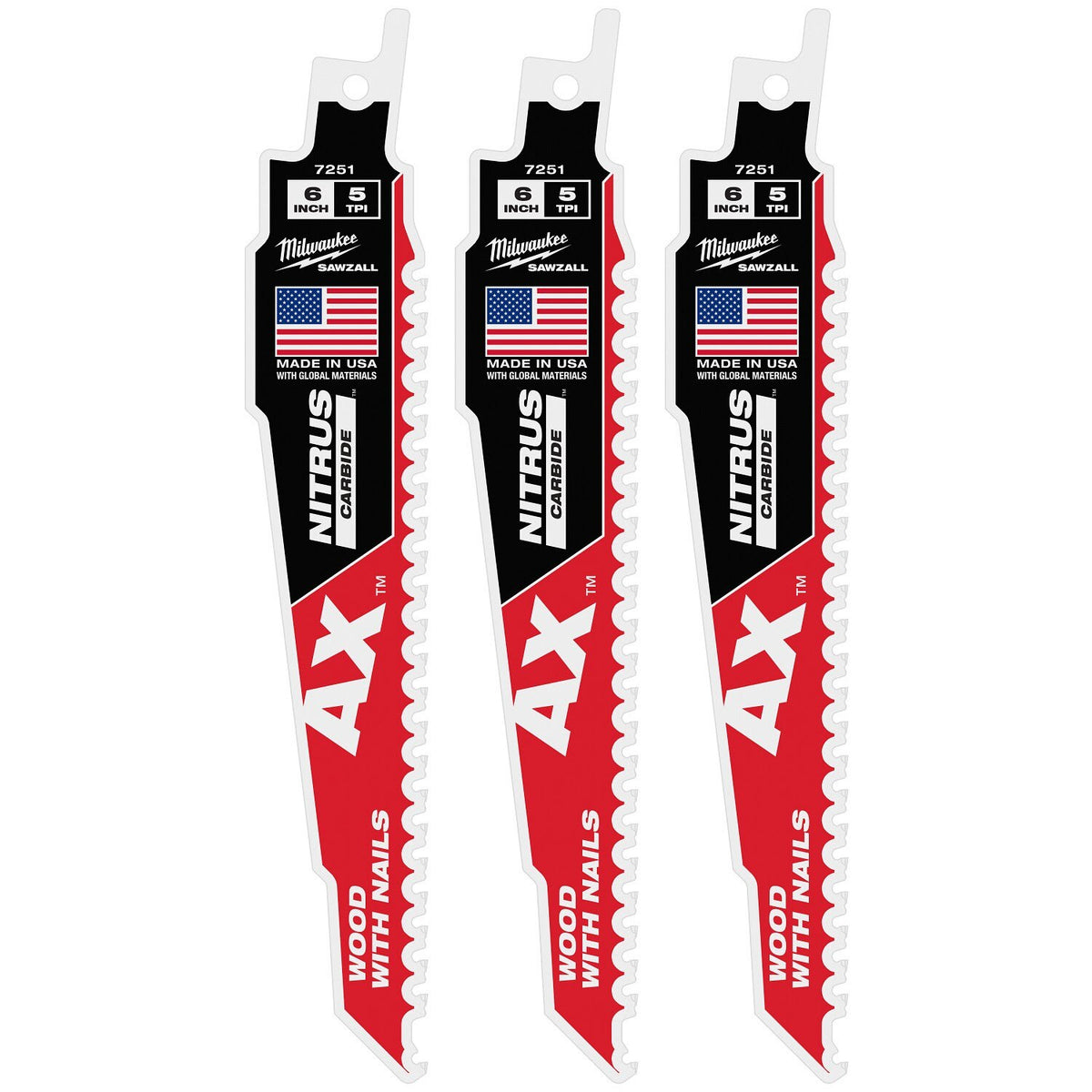 Milwaukee 48-00-7351 6" 5 TPI NITRUS Carbide Teeth SAWZALL Blade for Wood with Nails and Screws (3 Pack)