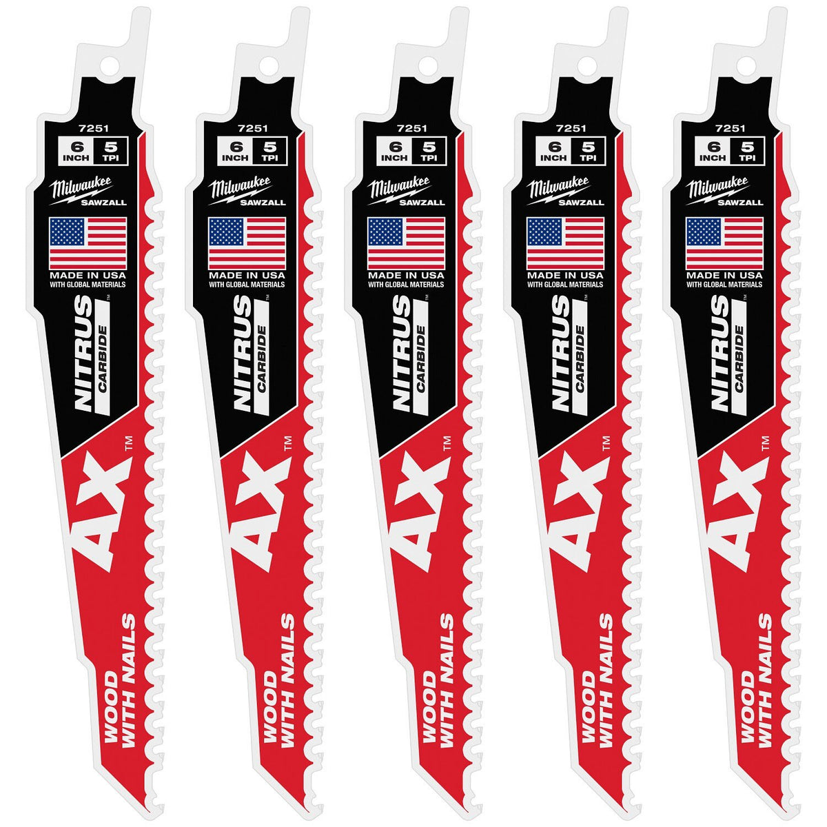 Milwaukee 48-00-7551 6" 5 TPI AX NITRUS Carbide SAWZALL Reciprocating Saw Blade for Wood with Nails and Screws (5 Pack)