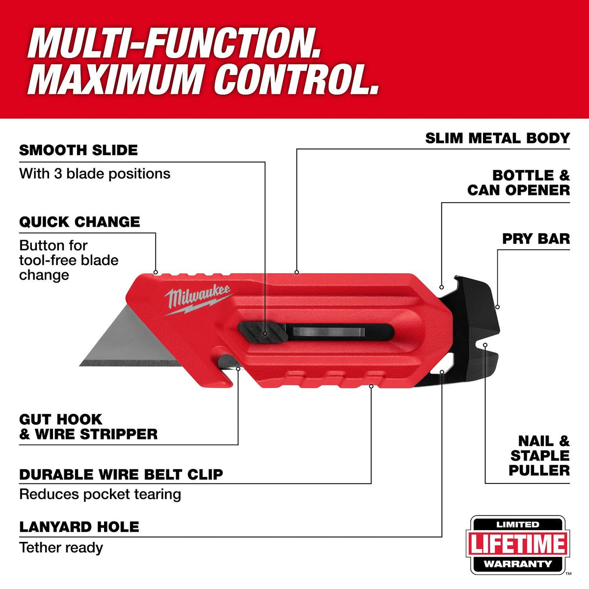 Milwaukee 48-22-1517 Multi-Function Compact Utility Knife with Prybar and 3 Blade Positions - 2