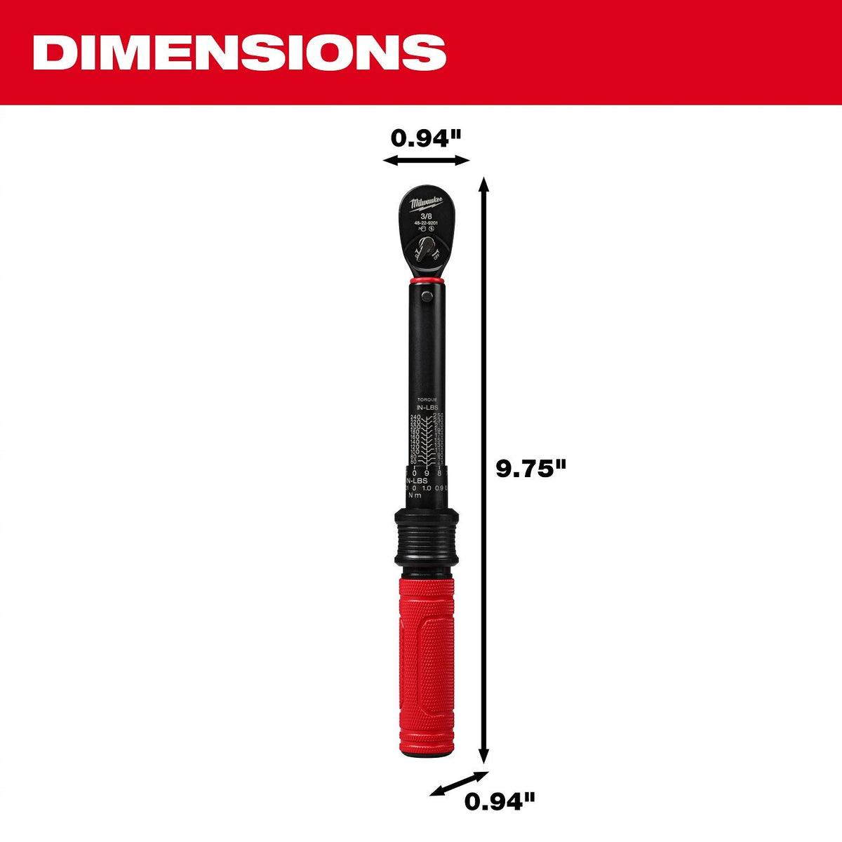 Milwaukee 48-22-9201 3/8 Inch Drive Click Torque Wrench with 50-250 in-lbf Range - 6