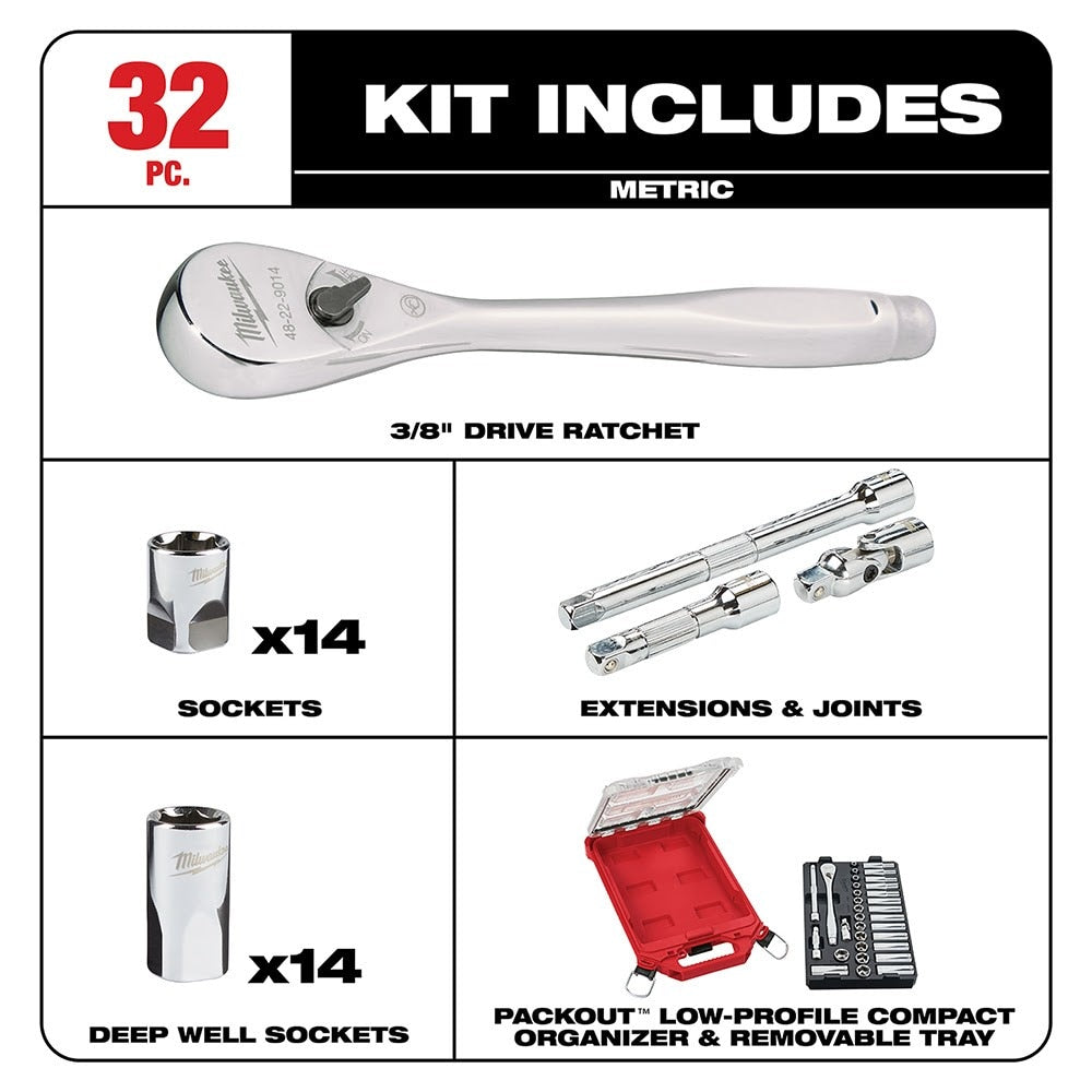 Milwaukee 48-22-9482 3/8” 32pc Ratchet and Socket Set in PACKOUT - Metric - 2