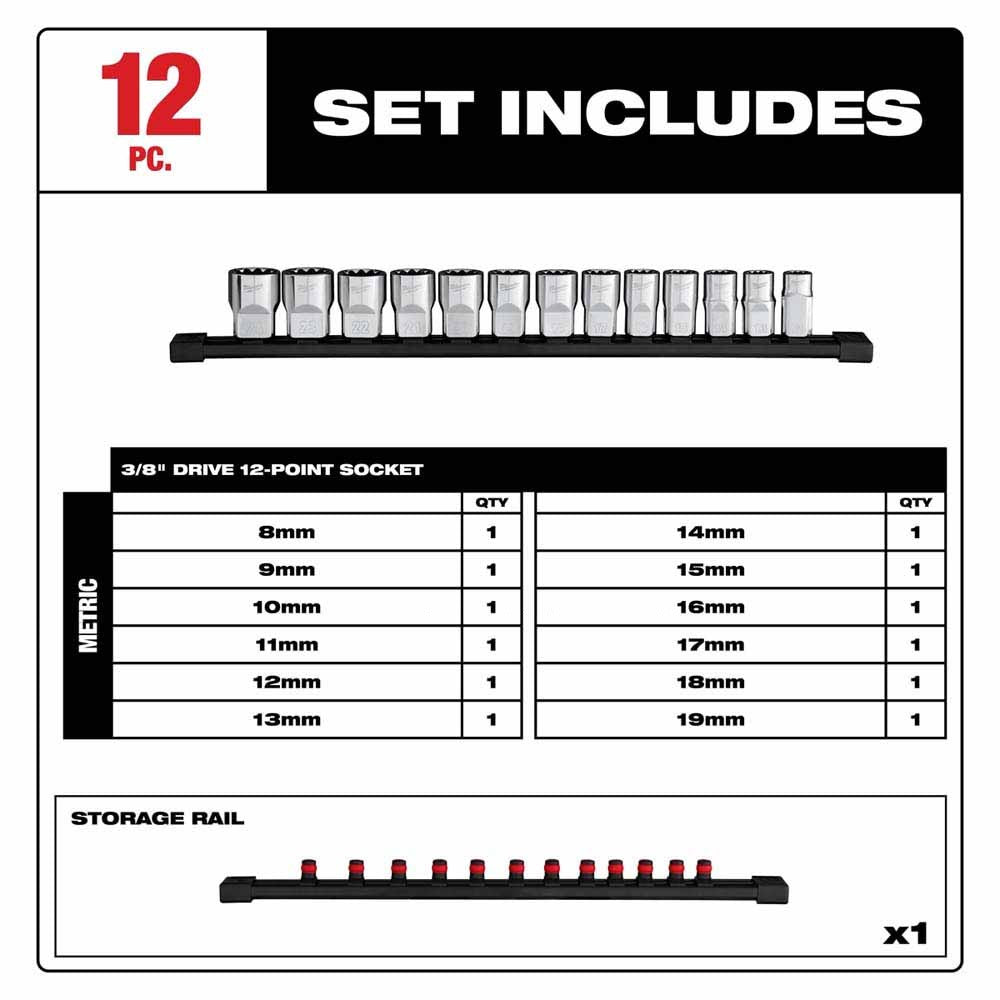 Milwaukee 48-22-9520 12pc 3/8” Drive 12-Point Metric Socket Set - 3
