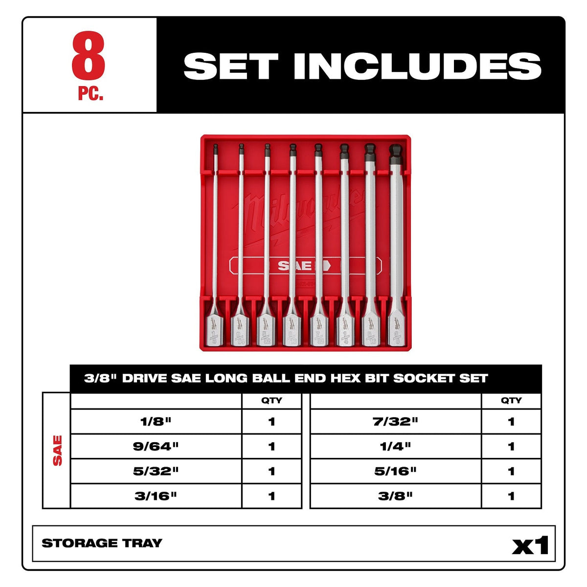 Milwaukee 48-22-9549 3/8 in. Drive SAE Long Ball End Hex Bit Socket Set with FOUR FLAT sides (8 Piece) - 2