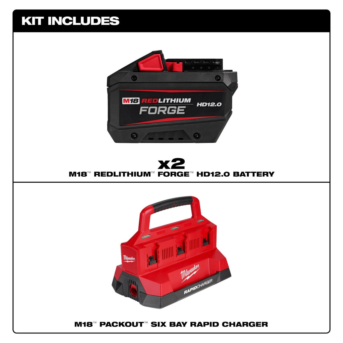 Milwaukee 48-59-1842F M18 18V Lithium-Ion REDLITHIUM FORGE Starter Kit with Two 12.0 Ah Battery Packs and PACKOUT 6-Port Rapid Charger - 2