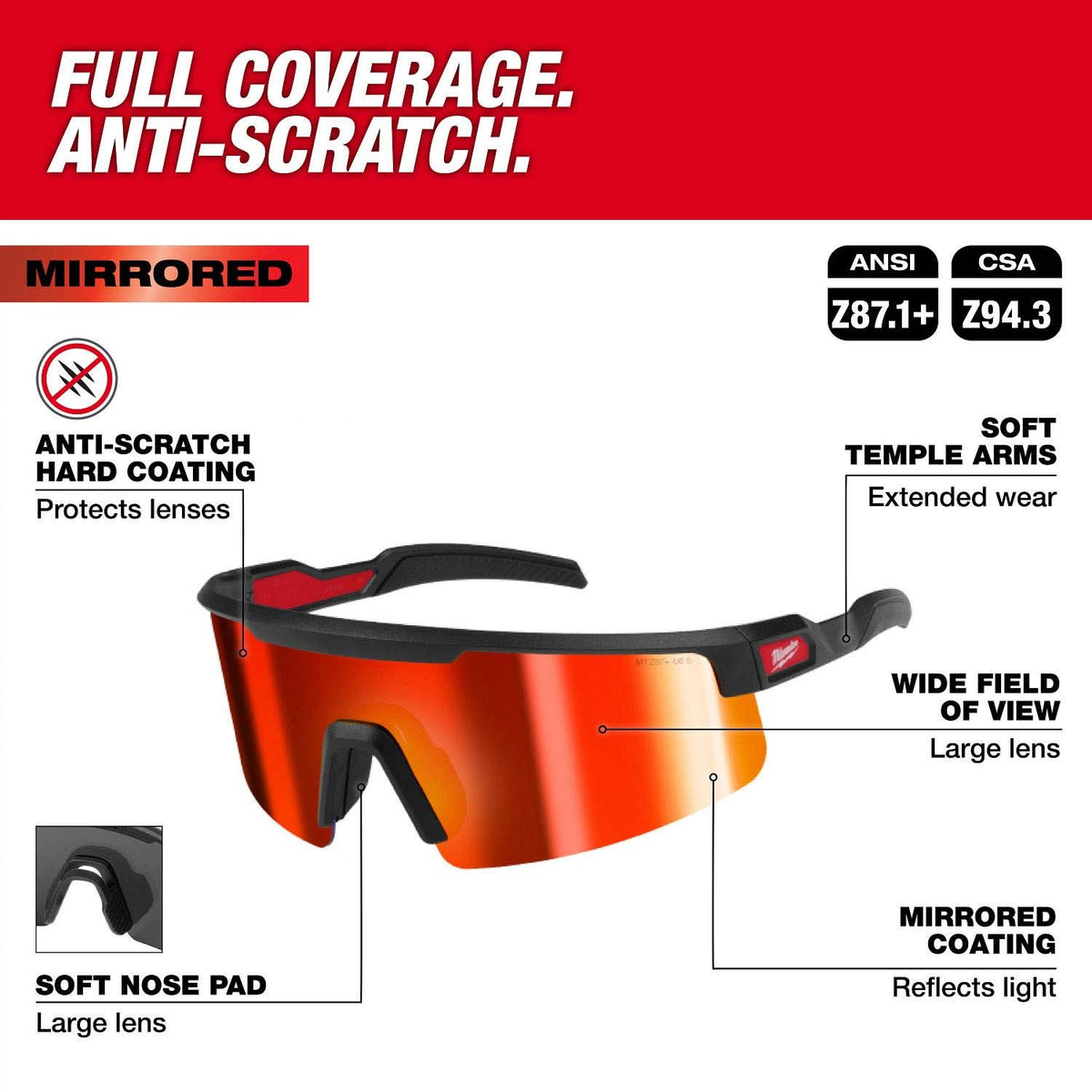 Milwaukee 48-73-2500 Wrap Around Safety Glasses with Red Mirrored Anti-Scratch Lenses - 2
