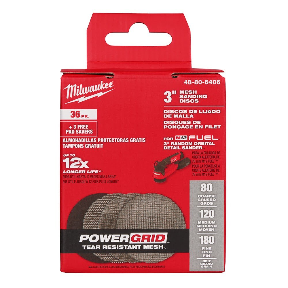 Milwaukee 48-80-6406 3" Assorted 80, 120, 180 Grit Mesh Sanding Discs with POWERGRID Tear Resistant Mesh - 36 pk + 3 Pad Savers - 12