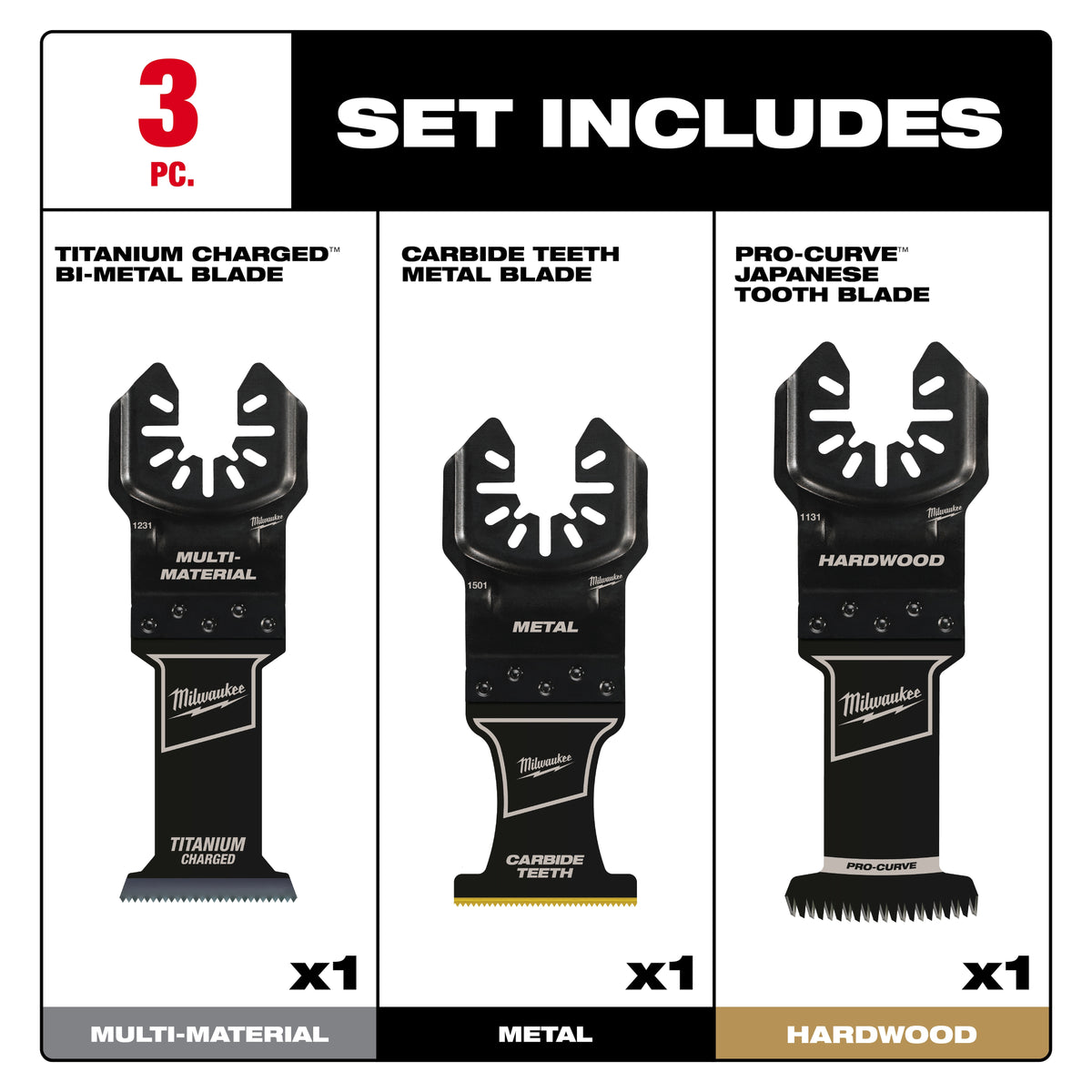 Milwaukee 49-10-9001 Oscillating Multi-Tool Blade Kit (3-Piece) for Metal, Wood, and Hardwood - 3