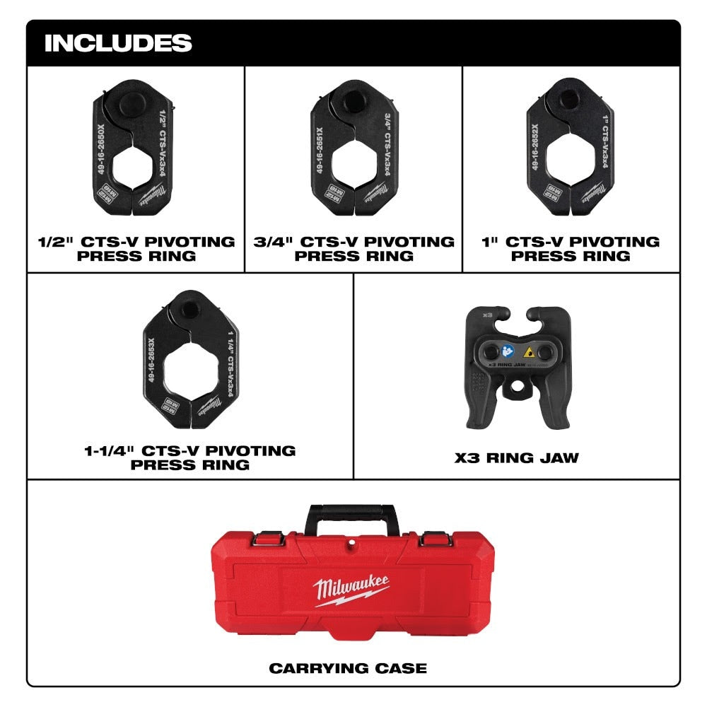 Milwaukee 49-16-2490X 1/2" - 1-1/4" CTS-V Pivoting Press Ring Kit for M12 FORCE LOGIC Press Tool - 2