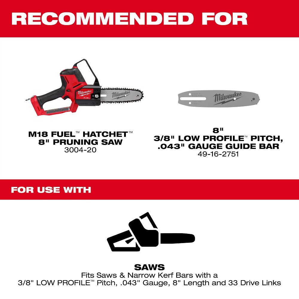 Milwaukee 49-16-2817 8" 3/8" LOW PROFILE Pitch, .043" Gauge Saw Chain - 3 PK - 3