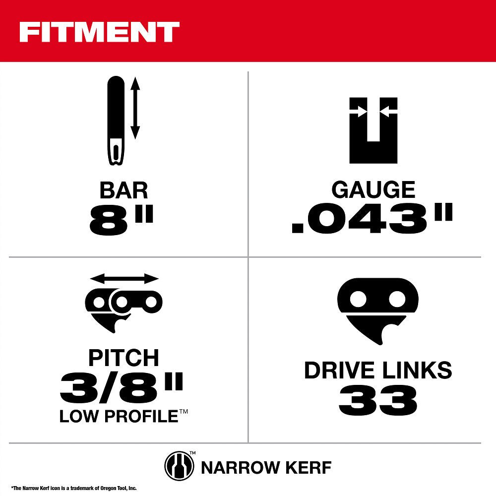 Milwaukee 49-16-2817 8" 3/8" LOW PROFILE Pitch, .043" Gauge Saw Chain - 3 PK - 4