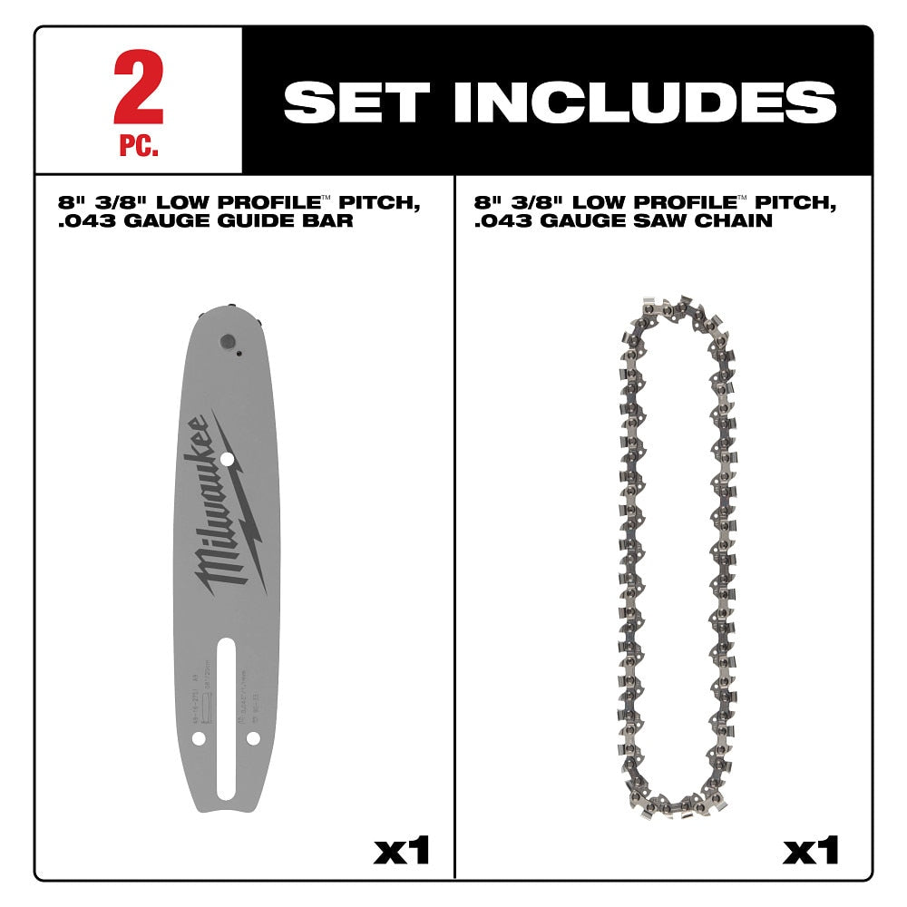 Milwaukee 49-16-2818 8" 3/8" LOW PROFILE Pitch, .043" Gauge Saw Chain and Guide Bar Set - 2