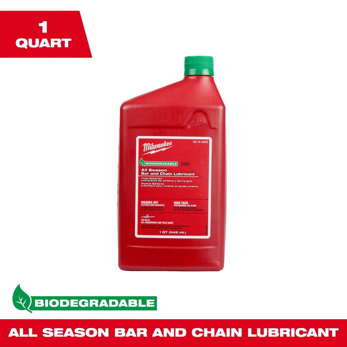 Milwaukee 49-16-2840 Biodegradable All Season Bar and Chain Lubricant for Chainsaws (1 Quart) - 2