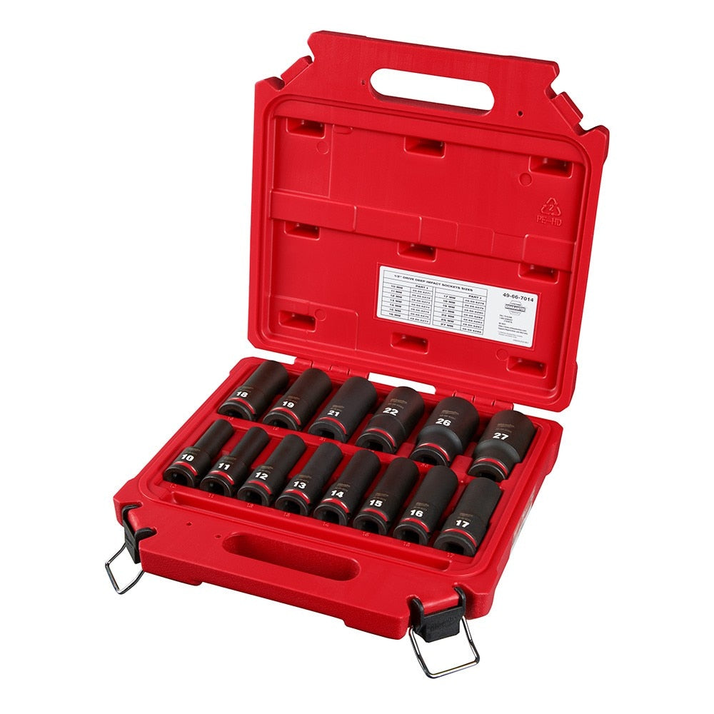 Milwaukee 49-66-7014 14PC SHOCKWAVE Impact Duty™ 1/2" Drive Metric Deep 6 Point Socket Set - 10mm-27mm