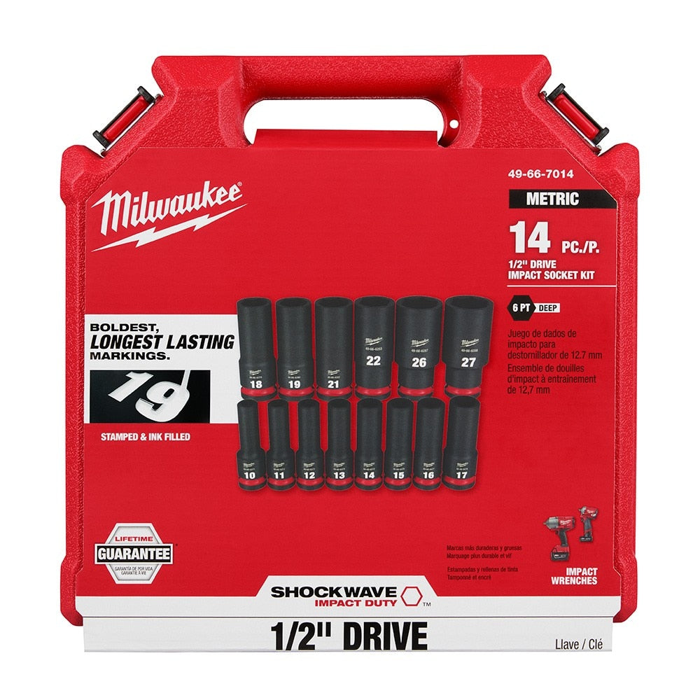 Milwaukee 49-66-7014 14PC SHOCKWAVE Impact Duty™ 1/2" Drive Metric Deep 6 Point Socket Set - 10mm-27mm - 2