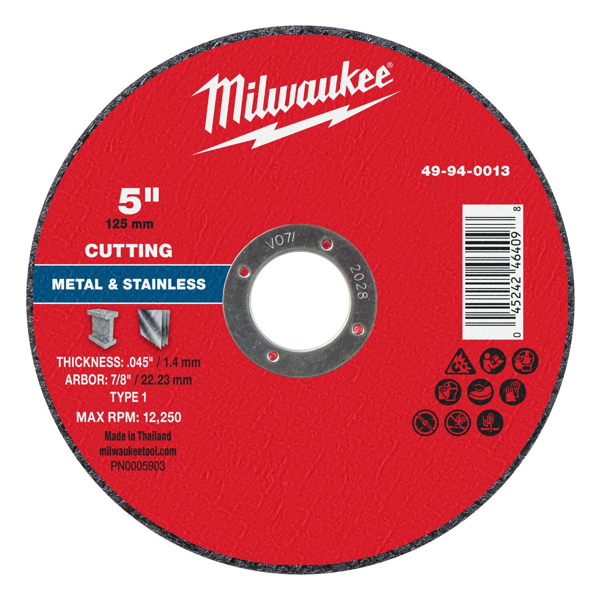 Milwaukee 49-94-0013 5 in x 0.045 in x 7 8 in Type 1 Metal Cut Off Wheel for Metal and Stainless Steel (25 Pack)