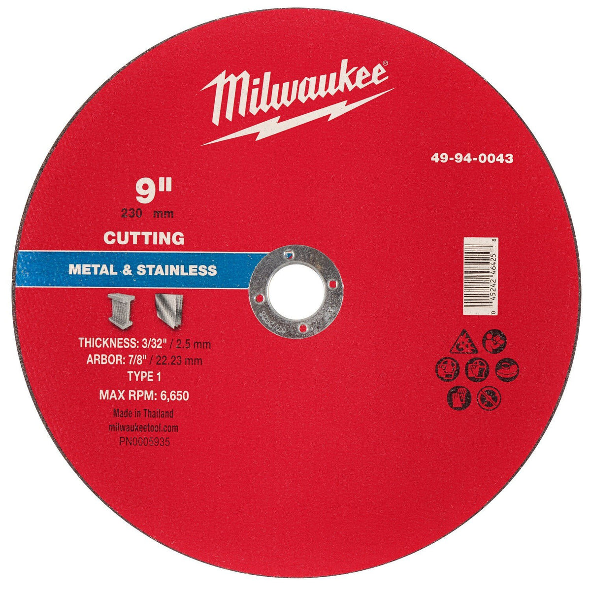Milwaukee 49-94-0043 9 in. x 3/32 in. x 7/8 in. Type 1 Metal Cut-Off Wheel for Metal and Stainless Steel (10 Pack)