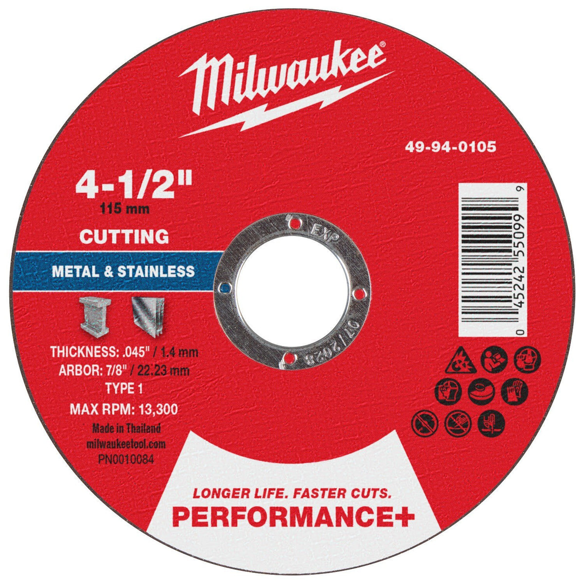 Milwaukee 49-94-0105 4-1/2 in. x 0.045 in. x 7/8 in. Performance Plus Metal Cut Off Wheel Type 1 (100 Pack)