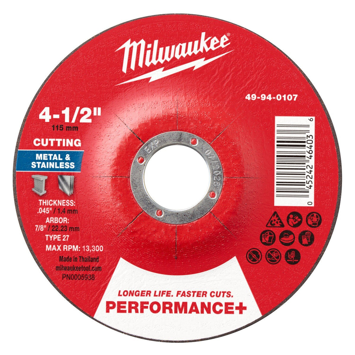 Milwaukee 49-94-0107 4-1/2 in. x 0.045 in. x 7/8 in. Performance+ Metal Cut Off Wheel Type 27 (25 Pack)