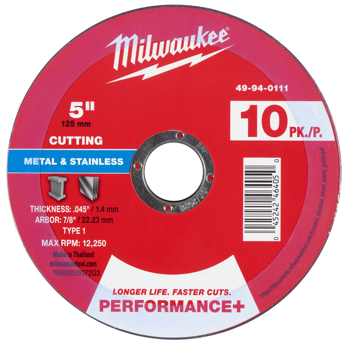 Milwaukee 49-94-0111 5 in x 0.045 in x 7/8 in Metal Cut Off Wheel Type 1 (10 Pack)