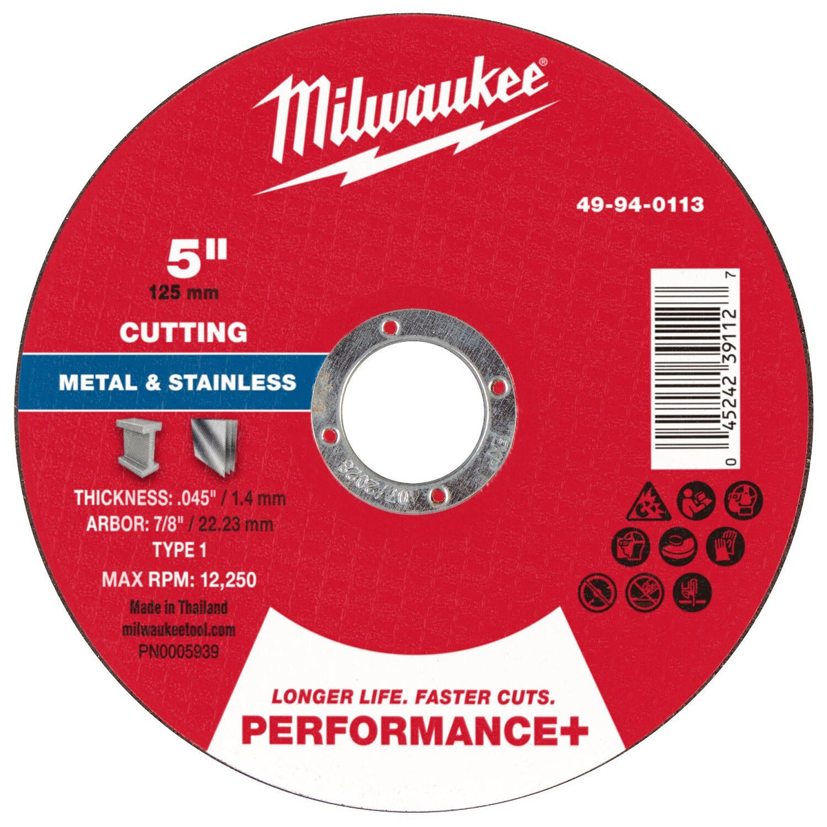 Milwaukee 49-94-0113 Performance Plus Metal Cut-Off Wheel Type 1 5 in x 0.045 in x 7/8 in Arbor (25 Pack)