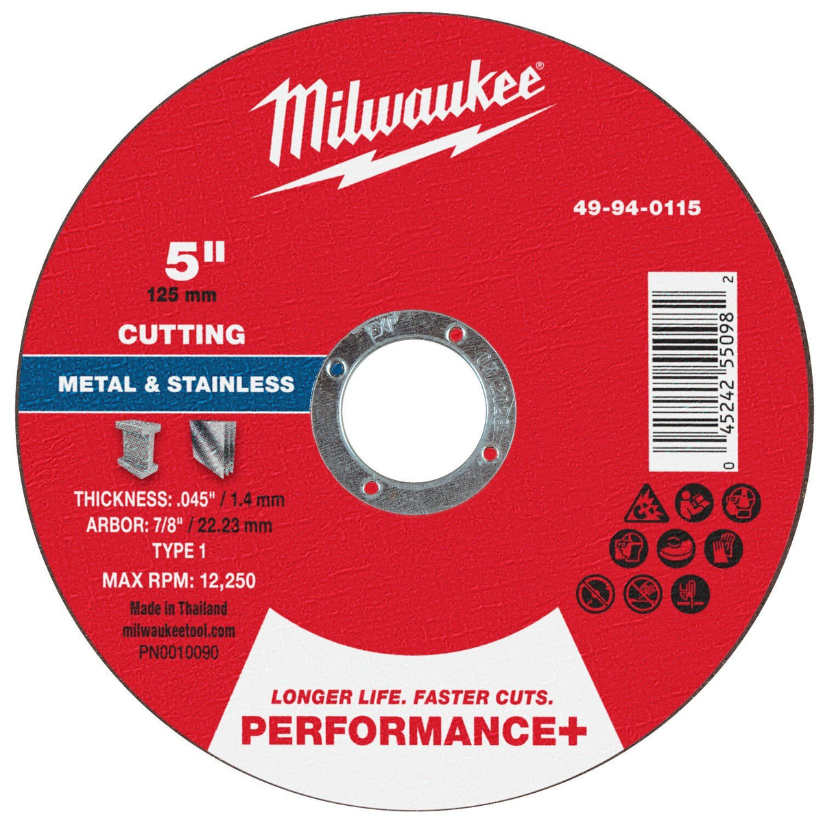 Milwaukee 49-94-0115 5 in. x 0.045 in. x 7/8 in. Performance+ Metal Cut Off Wheel Type 1 for Angle Grinders (100 Pack)