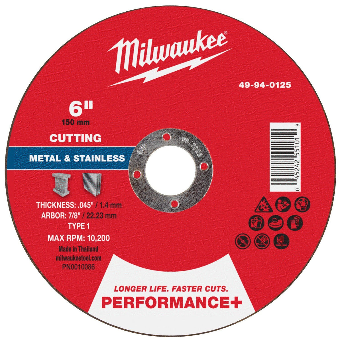 Milwaukee 49-94-0125 6 in. x 0.045 in. x 7/8 in. Performance Plus Metal Cut Off Wheel Type 1 (100 Pack)